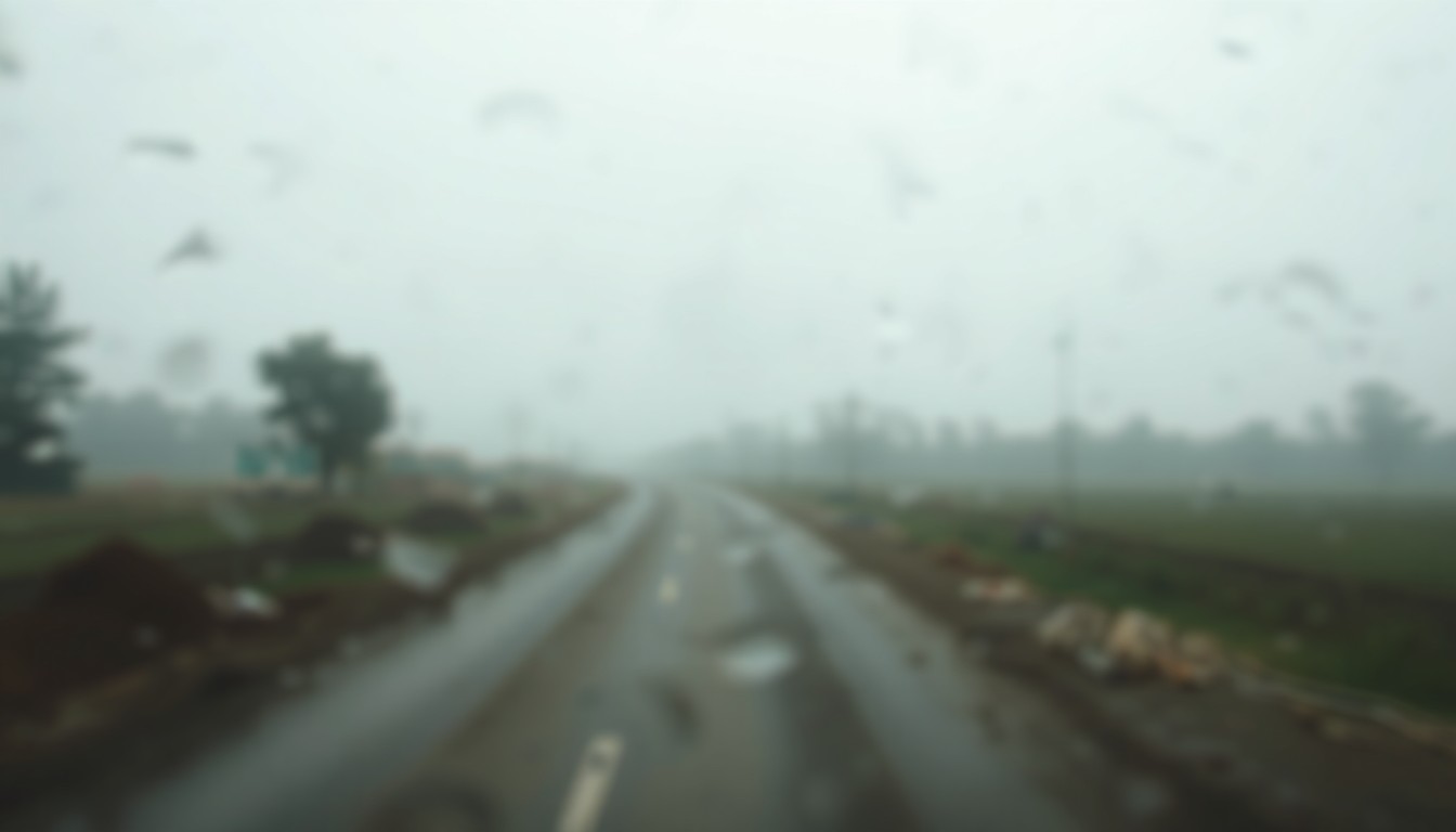 An abstract, impressionistic scene of blurred shapes and muted colors, suggesting the foggy, rainy conditions of a rural road construction site.