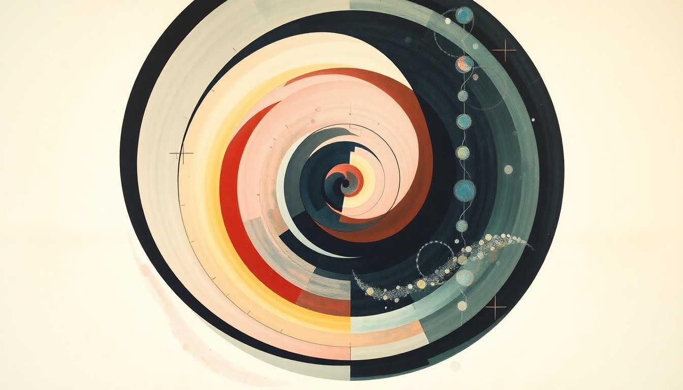 A bold, abstract painting in the style of Hilma af Klint, featuring sweeping geometric arcs, concentric circles, and precise botanical spirals in soft colors, conceptually representing the complex scientific principles behind CRISPR gene-editing.