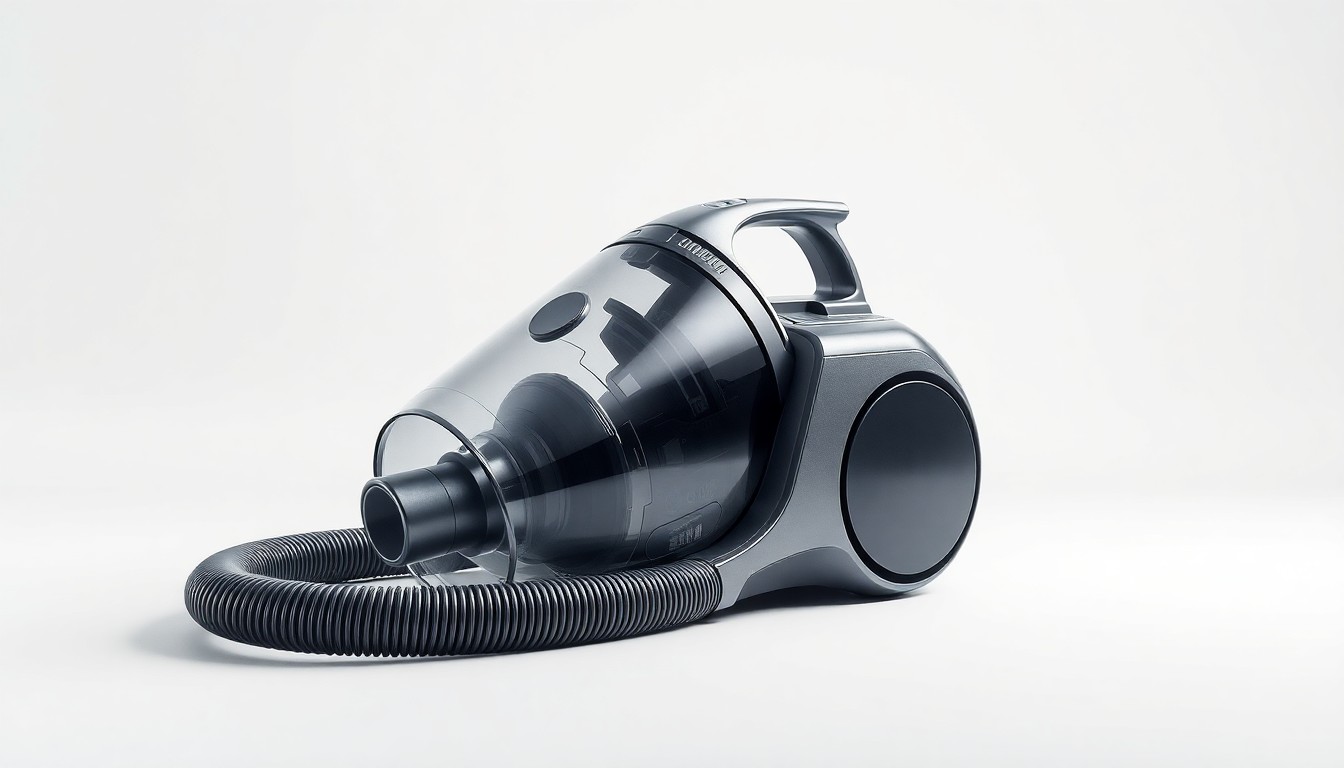A high-end, photorealistic studio still-life photograph of a sleek, modern central vacuum unit made of polished metal and glass, resting on a clean white seamless background with sharp, dramatic lighting and deep shadows, conceptually representing Kenmore's move into the premium central vacuum market.