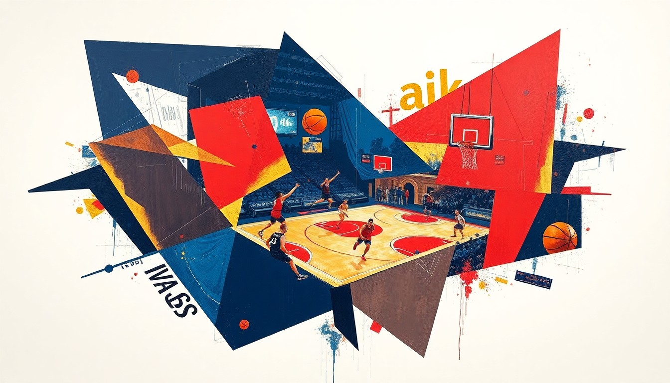 A cubist-style painting depicting a fragmented, geometric representation of a basketball game, with sharp, overlapping shapes in navy blue, crimson red, and gold, conveying the disruption and transition facing the Tennessee Volunteers basketball program.