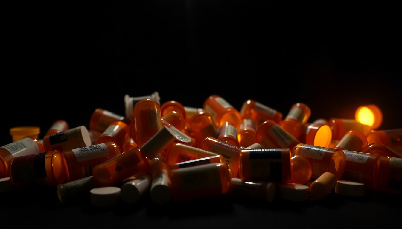 An extreme close-up photograph of a pile of prescription pill bottles against a pitch-black background, lit by a harsh, direct camera flash to create a stark, gritty, investigative aesthetic.