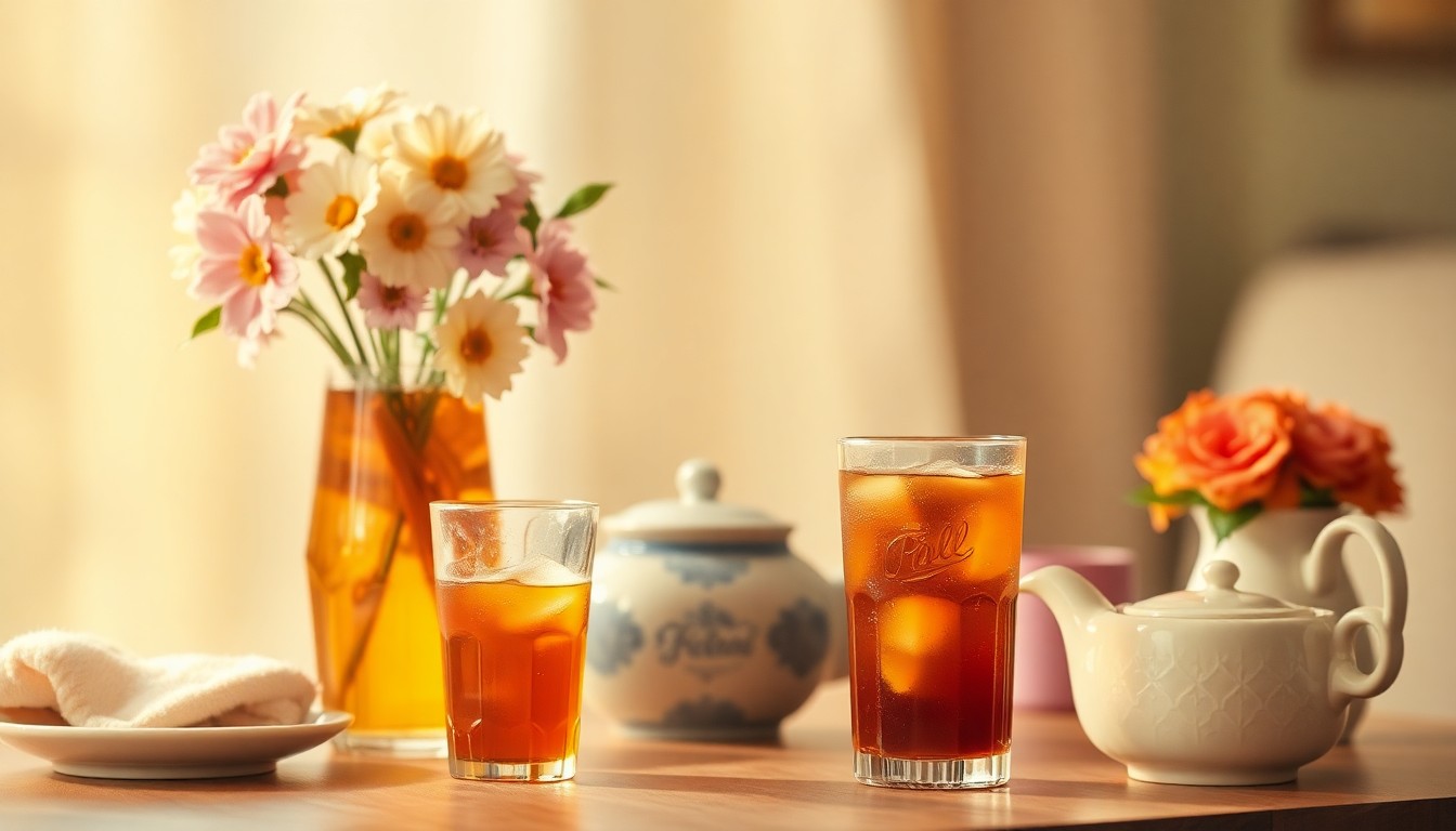 An extremely abstracted, out-of-focus photograph in warm, muted tones depicting a vase of flowers, a glass of iced tea, and other everyday lifestyle objects, conveying a sense of nostalgia and the comforts of home.