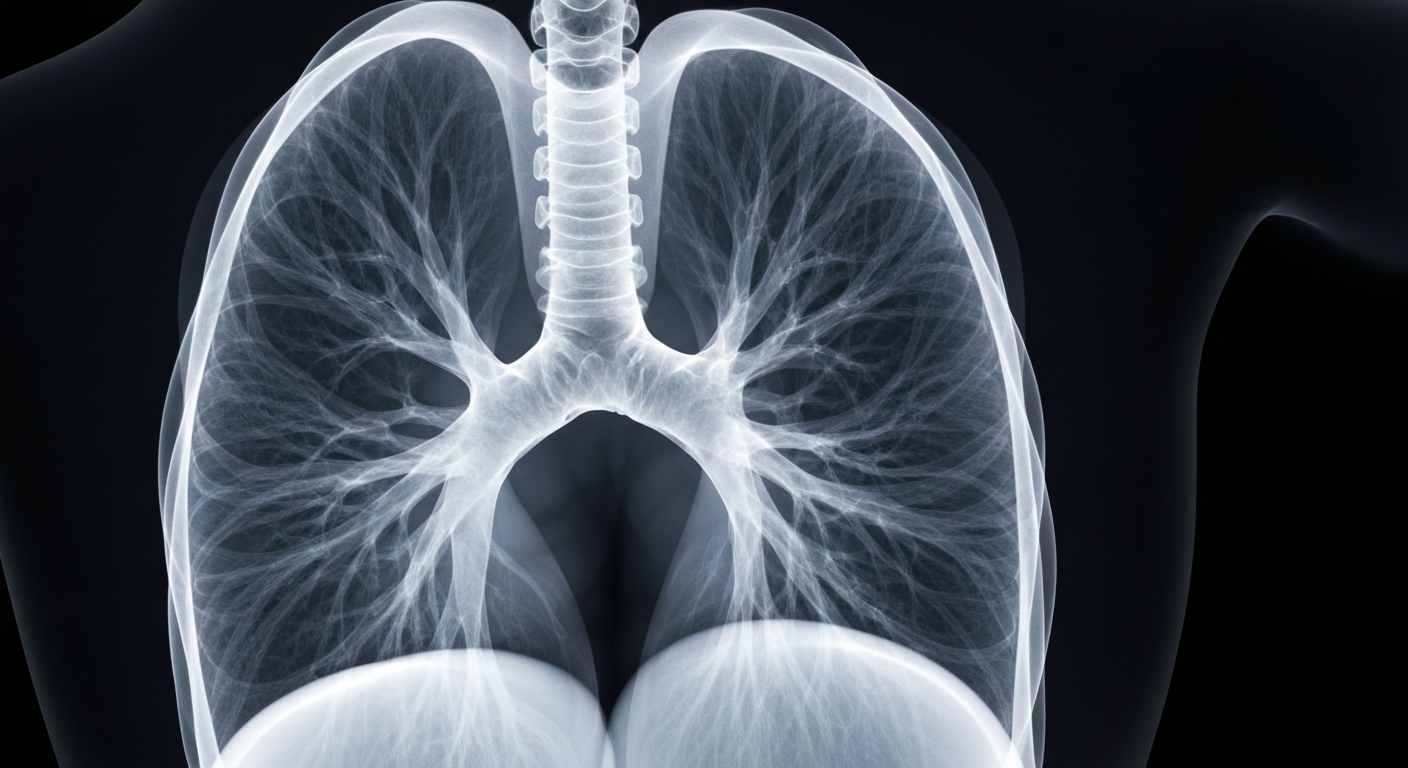 A translucent, ghostly X-ray image of the internal structure of a human lung, revealing the intricate network of blood vessels and airways in a conceptual representation of pulmonary arterial hypertension.