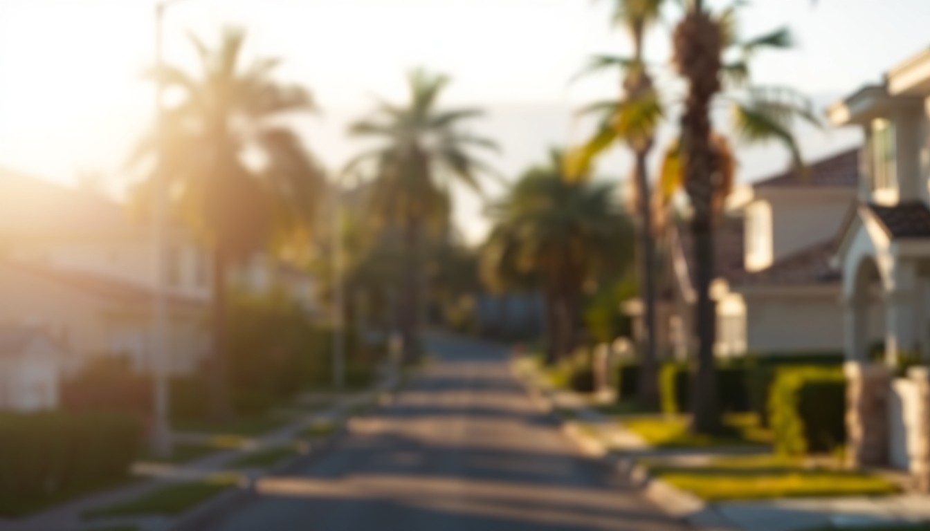 A softly focused, impressionistic photograph of a suburban residential street, with blurred palm trees and houses in the background and a warm, golden glow of sunlight filtering through the frame, conceptually representing the tranquil neighborhood setting of the short sale property.