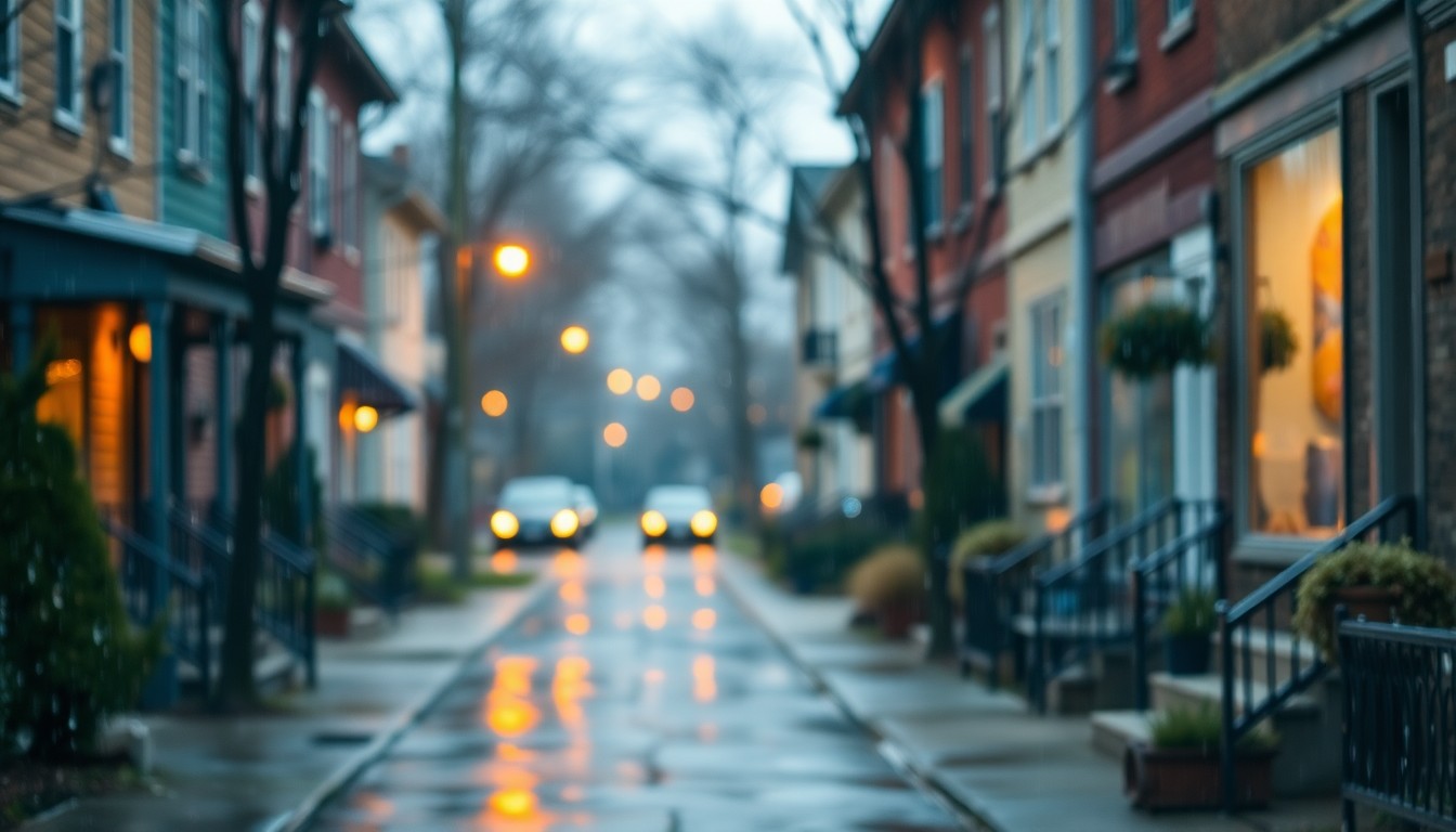 An extremely abstracted, out-of-focus photograph of a residential street, with soft pools of warm color and light reflecting off rain-streaked windows, conceptually representing the cozy neighborhood charm of the property.