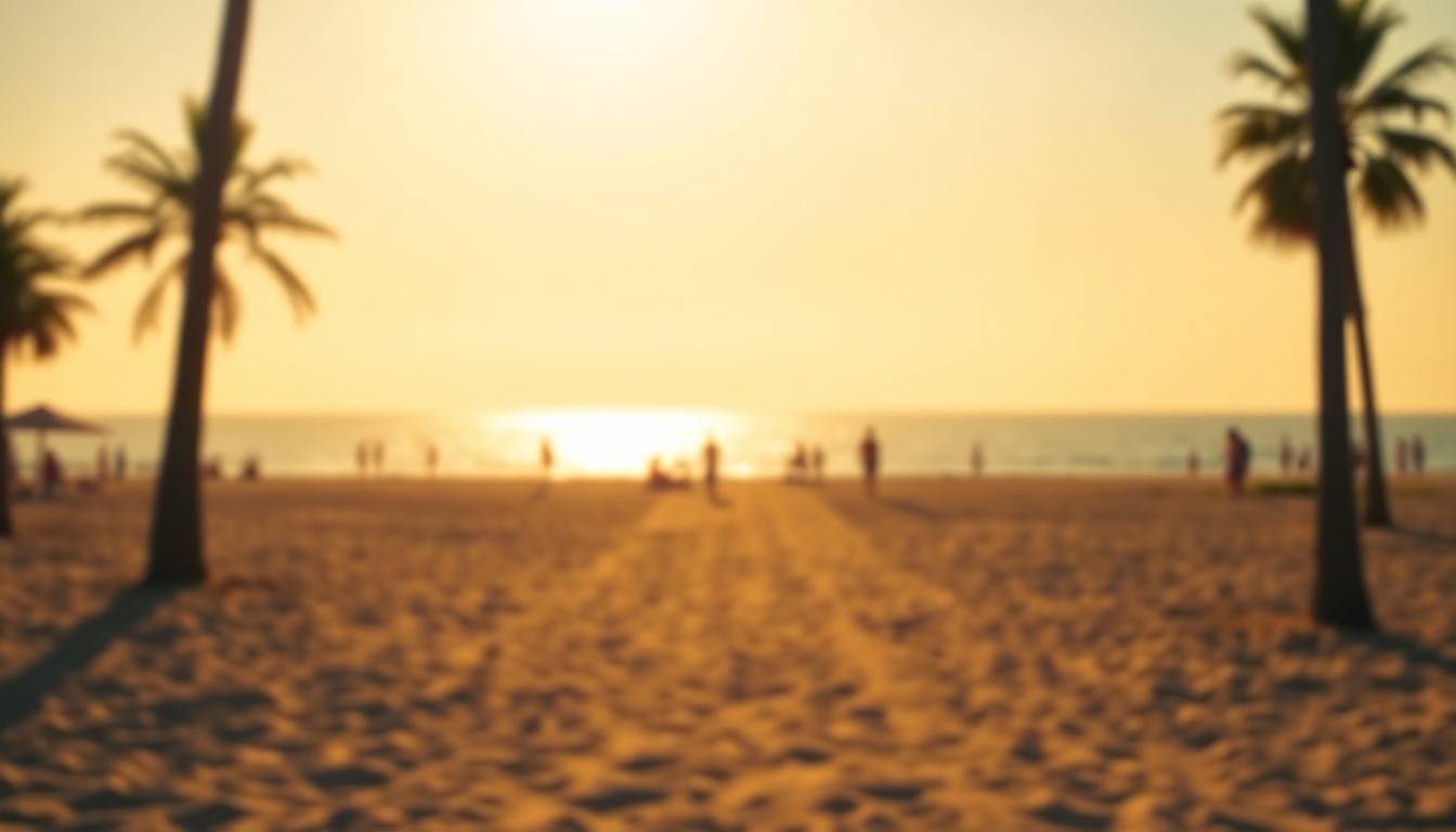 A soft, abstract photograph of a sun-dappled beach path leading towards the ocean, with the silhouettes of palm trees and beachgoers visible in the distance, conveying a sense of peaceful, coastal living.