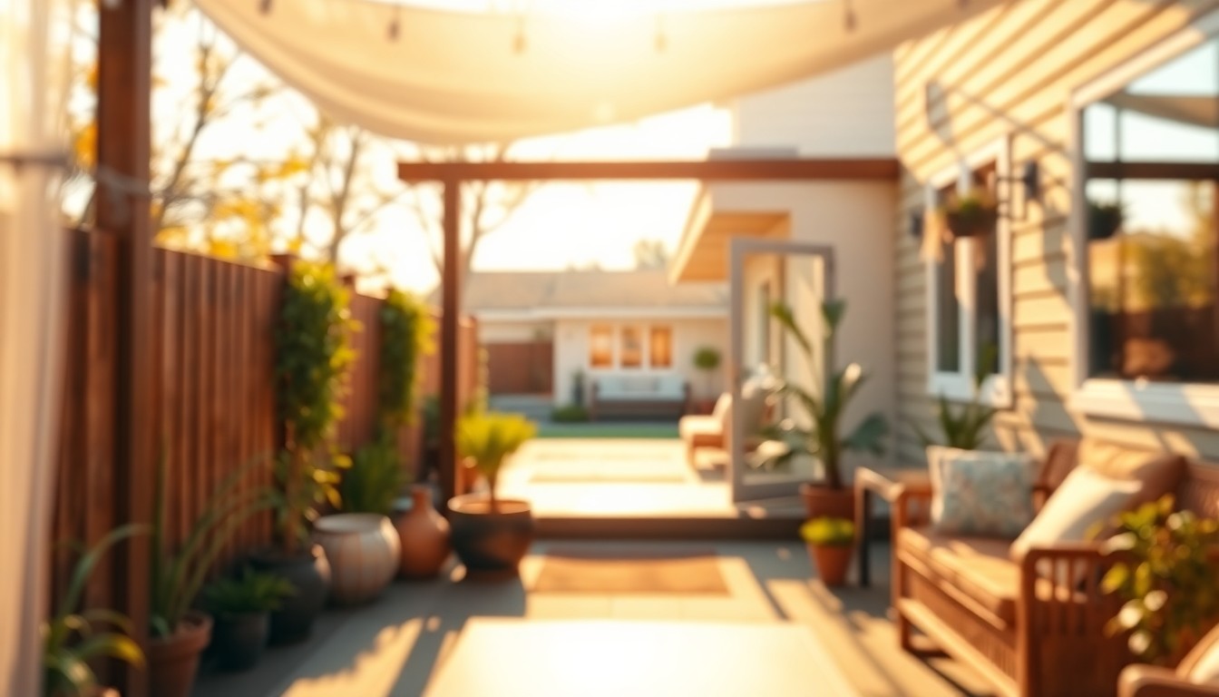 An abstract, out-of-focus photograph in warm, hazy tones depicting a cozy outdoor living space with a wooden fence, potted plants, and a glimpse of a modern home in the background, conceptually representing the private, serene atmosphere of the renovated property.