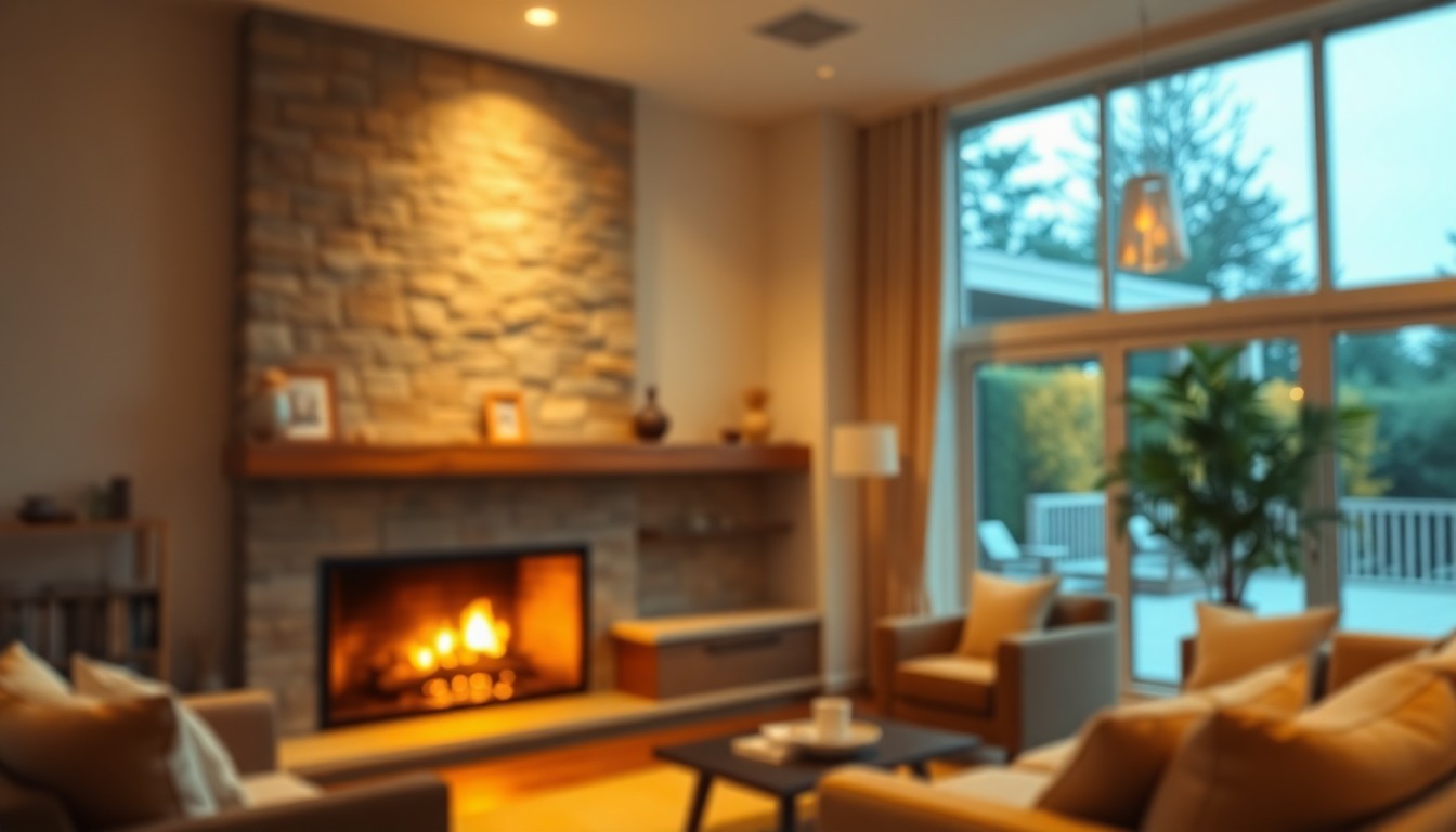 An extremely abstracted, out-of-focus photograph of a cozy living room with a wood-burning fireplace, floor-to-ceiling windows, and a glimpse of a private patio, all bathed in warm, diffused light, conceptually representing the comfortable and amenity-rich lifestyle of the Four Lakes community.