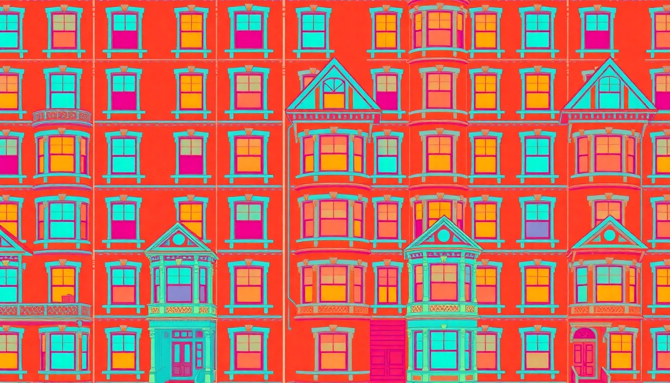 A bold, colorful silkscreen illustration of a Victorian house facade repeated in a grid, capturing the essence of a fixer-upper property with great character.