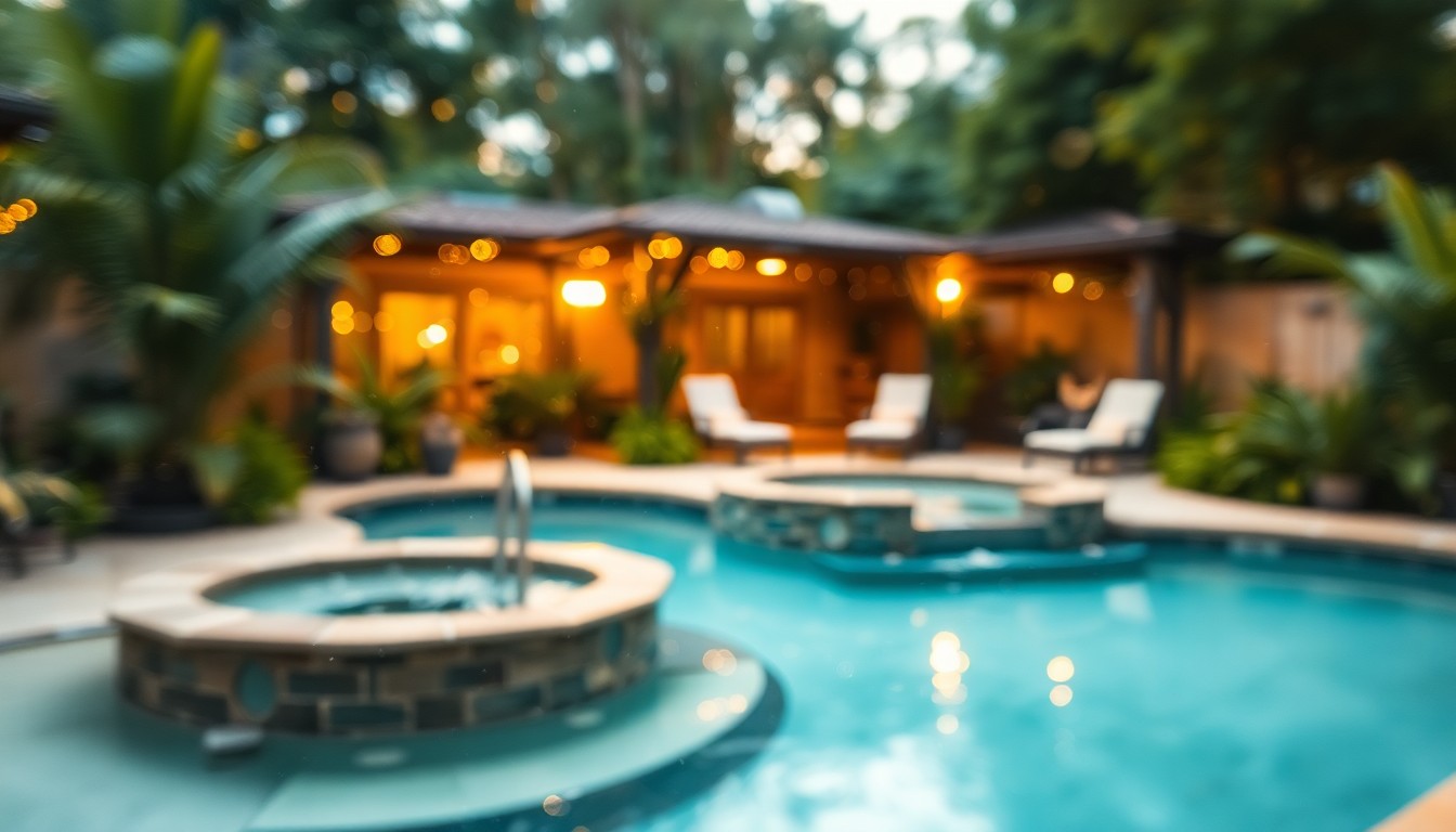 An abstract, out-of-focus image featuring soft, blurred pools of warm light and muted green and blue tones, conceptually representing the serene and relaxing atmosphere of a backyard pool and spa surrounded by lush vegetation.