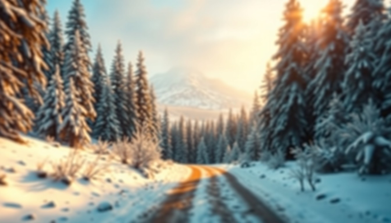 An extremely abstracted, out-of-focus photograph of a snowy forest path leading towards a distant mountain, composed entirely of soft, warm pools of light and color.