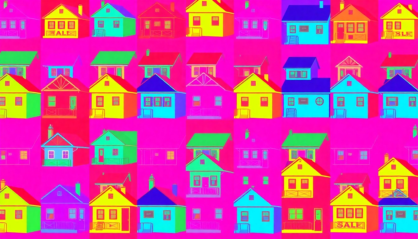 A high-contrast silkscreen print in bright neon colors depicting a repeated image of a residential apartment building, conceptually representing the classic charm and contemporary amenities of the Mayfair co-op property.