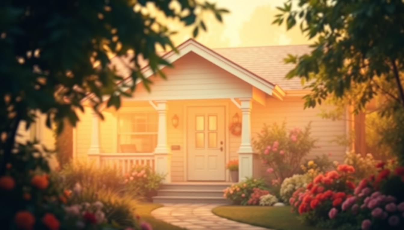 An extremely abstracted, out-of-focus photograph in soft pools of warm color and light, depicting the exterior of a cozy home surrounded by lush greenery, creating a dreamlike, inviting atmosphere.