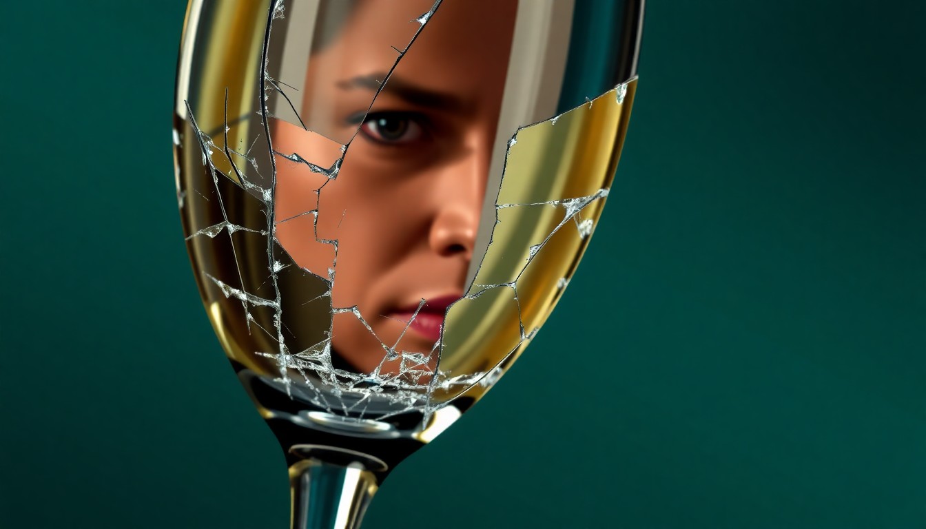 An abstract, high-contrast close-up photograph of shattered glass, reflecting a distorted human face, conveying a sense of emotional turmoil and high drama.