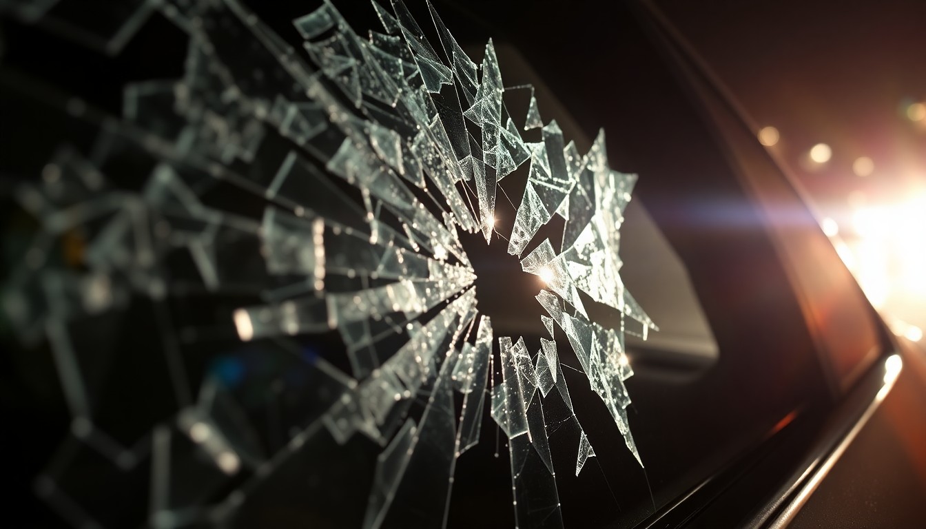 An extreme close-up of shattered car window glass reflecting a harsh camera flash, conceptually representing the aftermath of a road rage shooting on a highway.