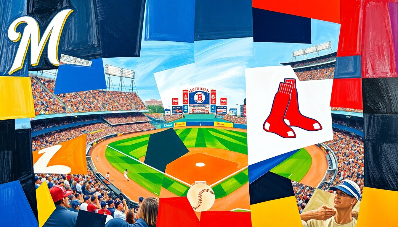 A cubist-style painting depicting a baseball game between the Milwaukee Brewers and Boston Red Sox, with the players and field broken down into sharp, overlapping geometric shapes in a vibrant color palette of navy, gold, red, and white, conceptually representing the heated rivalry between the two teams.