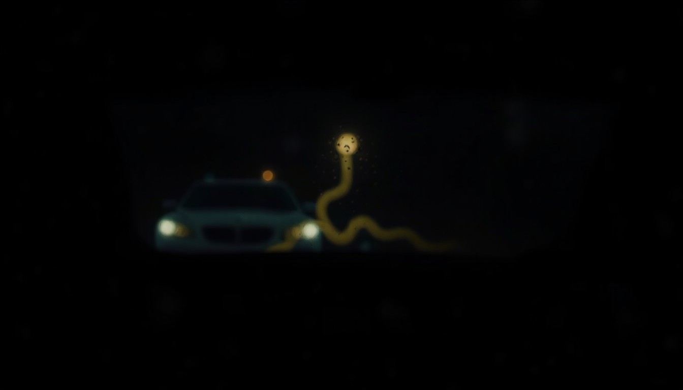 An extremely blurred and abstracted image of the interior of a car at night, with a faint, glowing shape in the background, conceptually representing the unexpected discovery of a snake left behind by passengers.