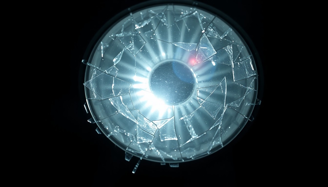 An extreme close-up photograph of shattered glass from a street light lens, the fragments reflecting a harsh camera flash in the darkness, conceptually illustrating the property damage caused by the fan celebrations.