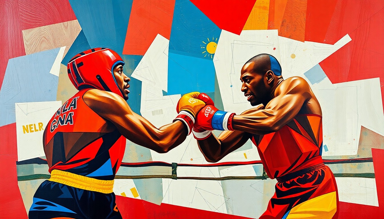 A cubist, geometric painting depicting the intense boxing match between Osumah and Gil, with sharp, overlapping planes of vibrant red, blue, and yellow colors capturing the raw energy and tension of the fight.