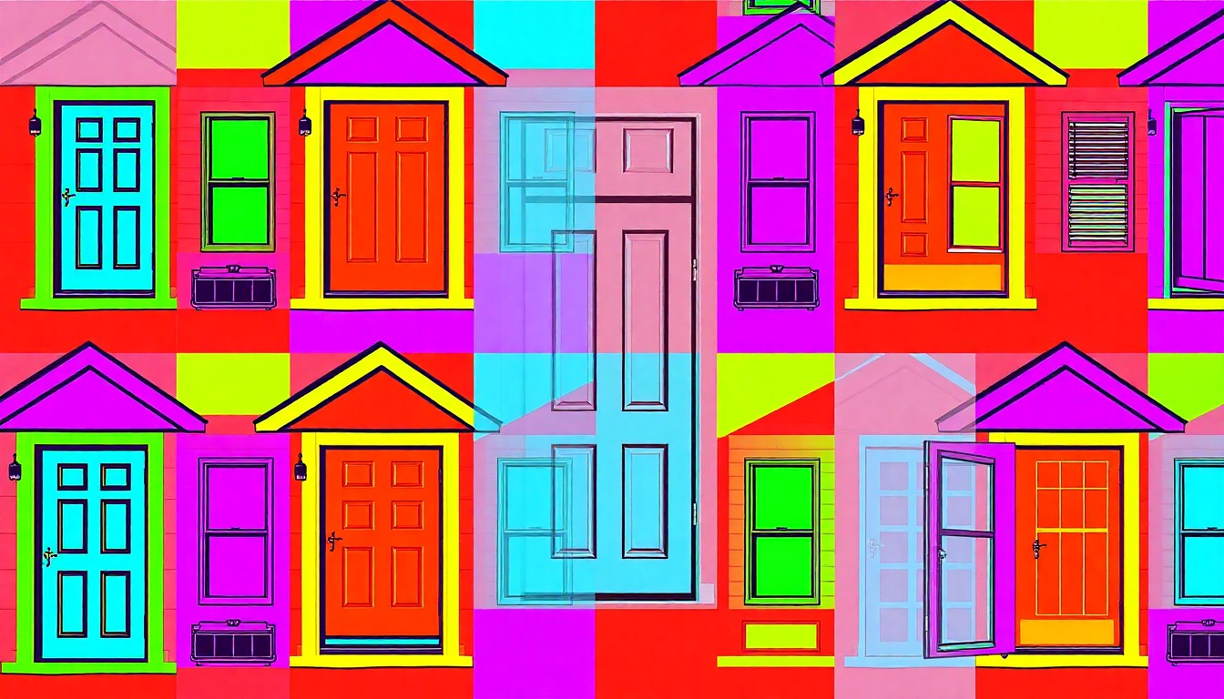 A brightly colored, high-contrast silkscreen print of a single, iconic home exterior element repeated in a tight grid pattern, utilizing flat, vibrant neon colors and heavy black outlines to transform an everyday residential feature into a modern pop art piece.