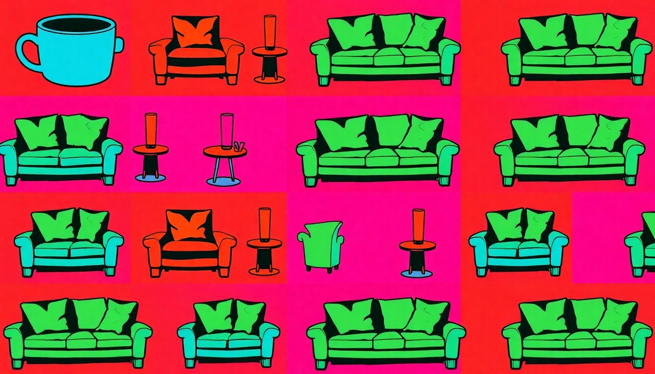 A brightly colored, high-contrast silkscreen print of a stylized couch or armchair, repeated in a tight grid pattern in shades of neon pink, lime green, and electric blue, capturing the modern, pop art aesthetic of this updated and furnished mobile home.