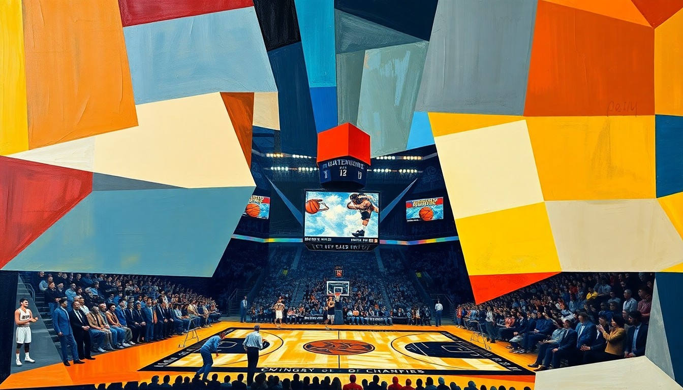 A cubist, geometric painting depicting a college basketball game, with players and the court fragmented into sharp, overlapping shapes and planes in a vibrant color palette, capturing the dynamic action and emotion of the championship moment.