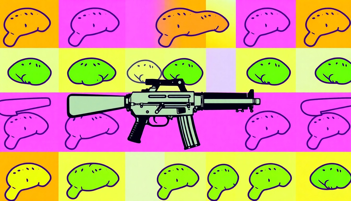 A brightly colored, high-contrast silkscreen print of a single, iconic Dyngus Day object such as a pierogi, squirt gun, or pussy willow, repeated in a tight grid pattern, capturing the joyful energy and cultural significance of this annual Polish celebration.