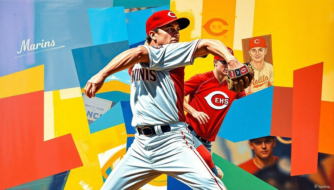 A fractured, multi-perspective painting depicting a baseball pitcher's windup and delivery, broken down into sharp, overlapping geometric planes in vibrant colors representing the Marlins and Reds uniforms.