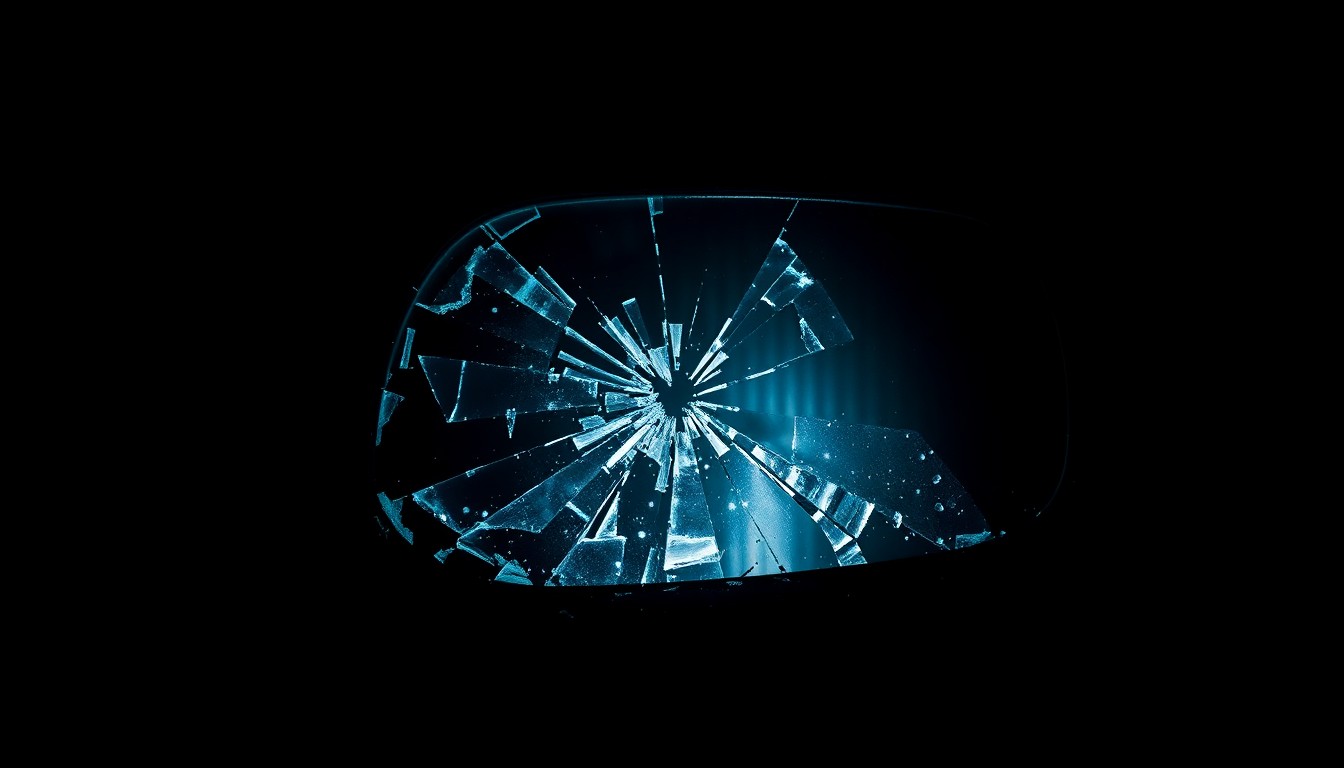 An extreme close-up photograph of a broken car part, such as a shattered side mirror or cracked windshield glass, captured in dramatic lighting to convey the gritty, investigative nature of the hit-and-run incident.