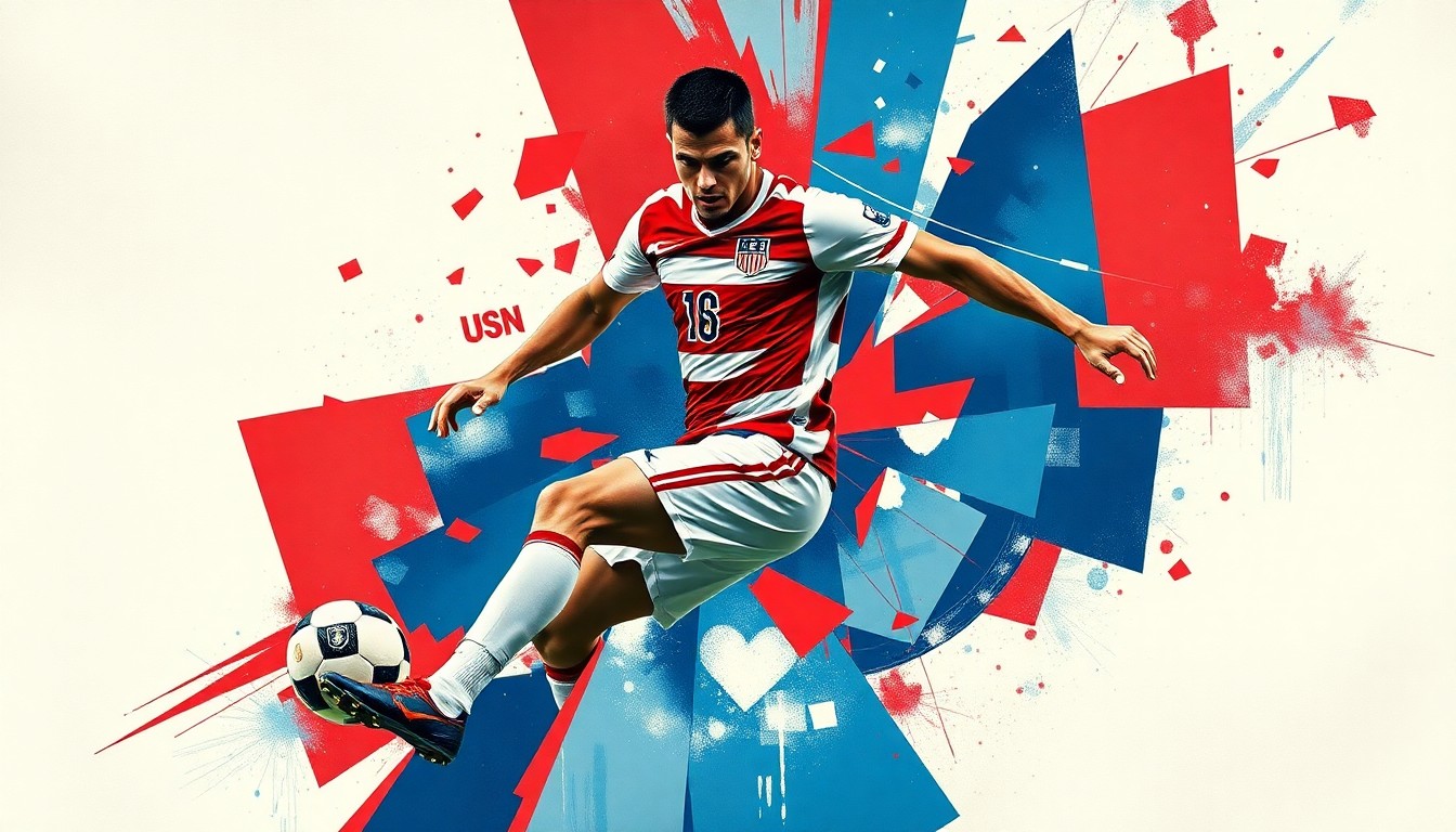 A cubist, geometric painting depicting a USMNT striker in mid-motion, with their body broken down into sharp, overlapping planes of red, white, and blue.