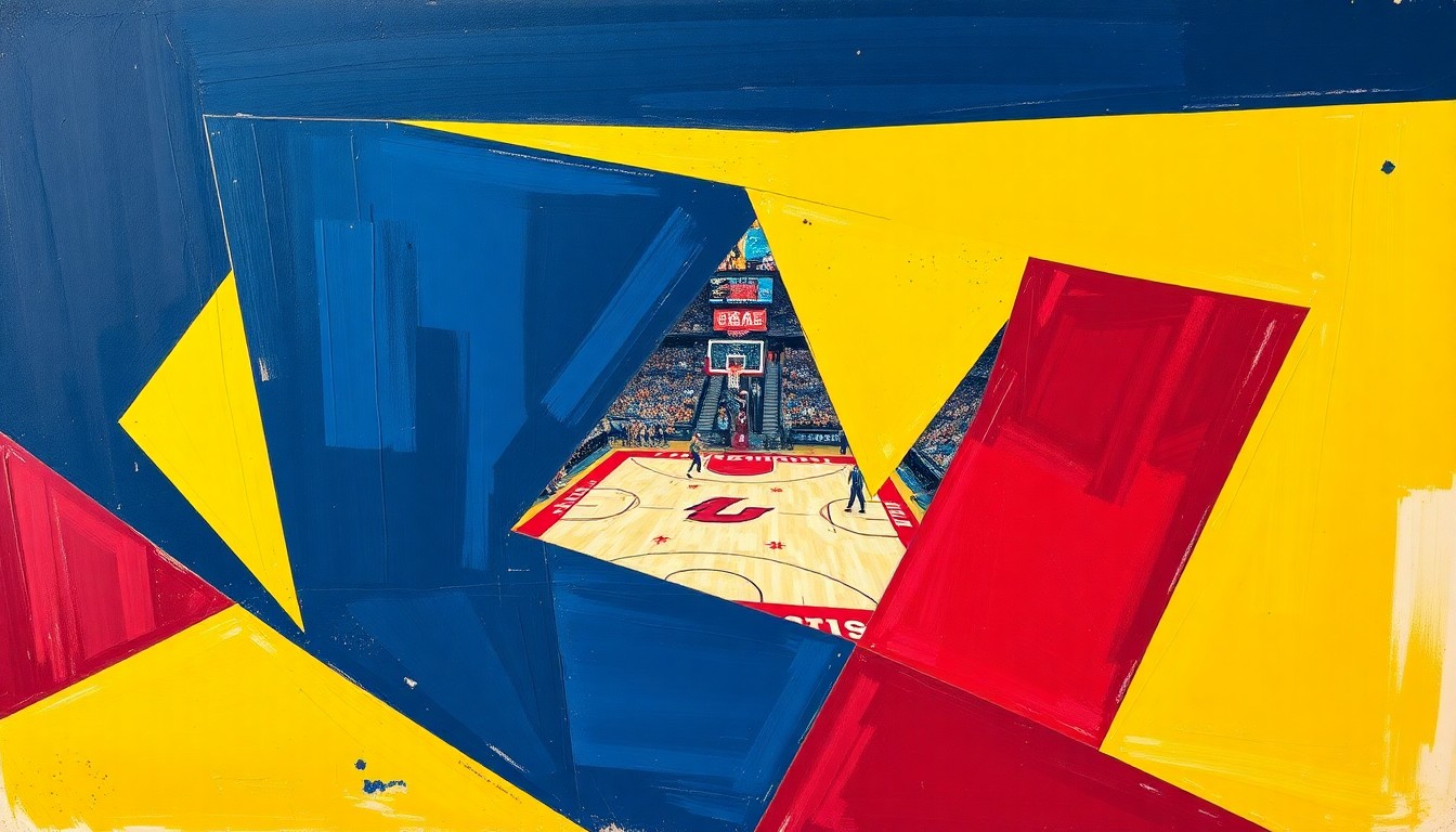 A cubist, geometric painting depicting a fragmented college basketball game, with sharp planes of navy blue, maize yellow, and crimson red, conceptually representing the energy and excitement of the 2027 NCAA Final Four in Detroit.