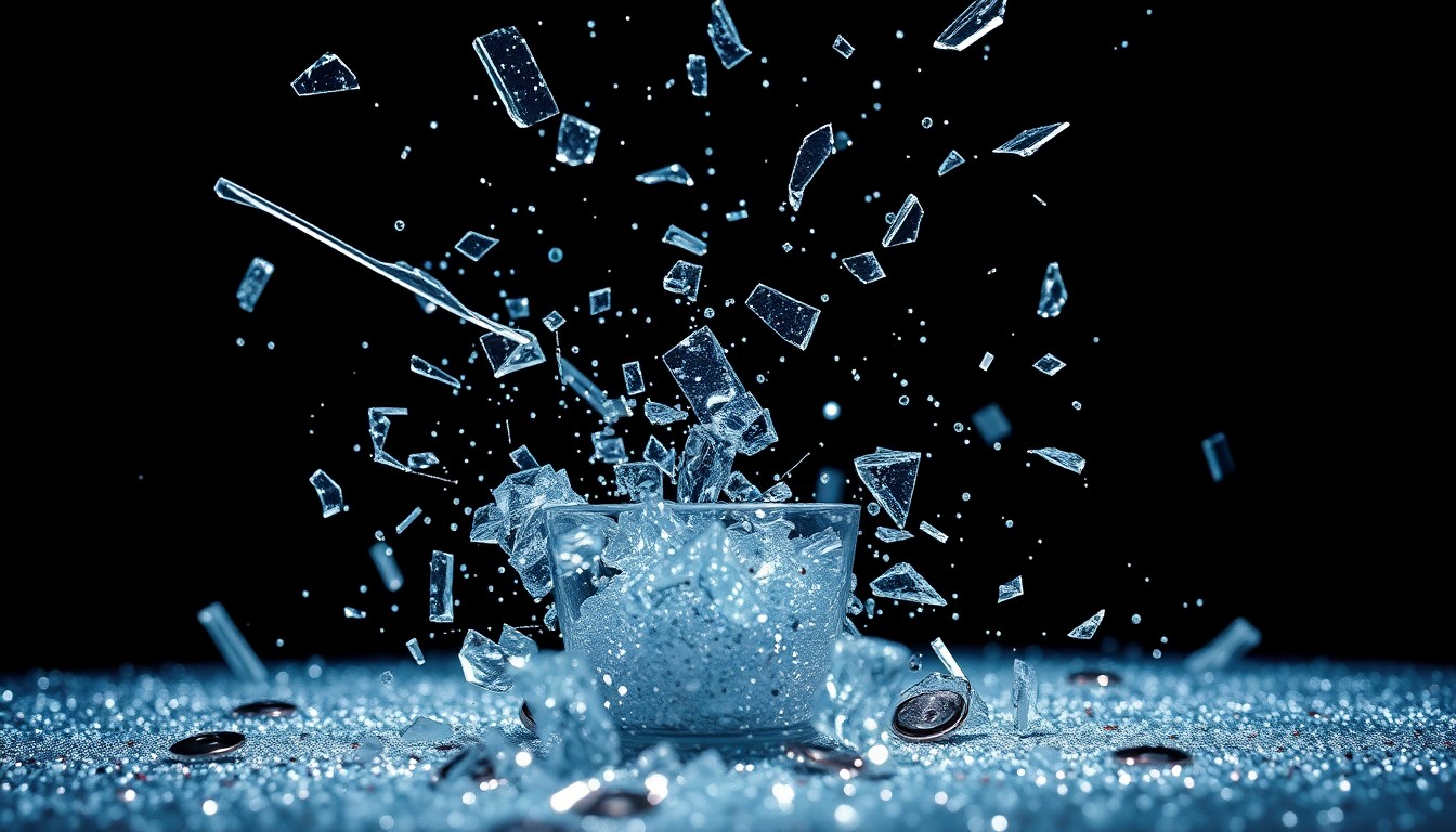 An abstract close-up image featuring shattered glass and glittering sequins, captured in high-contrast studio lighting to convey a sense of glamour and chaos surrounding a canceled music festival appearance.