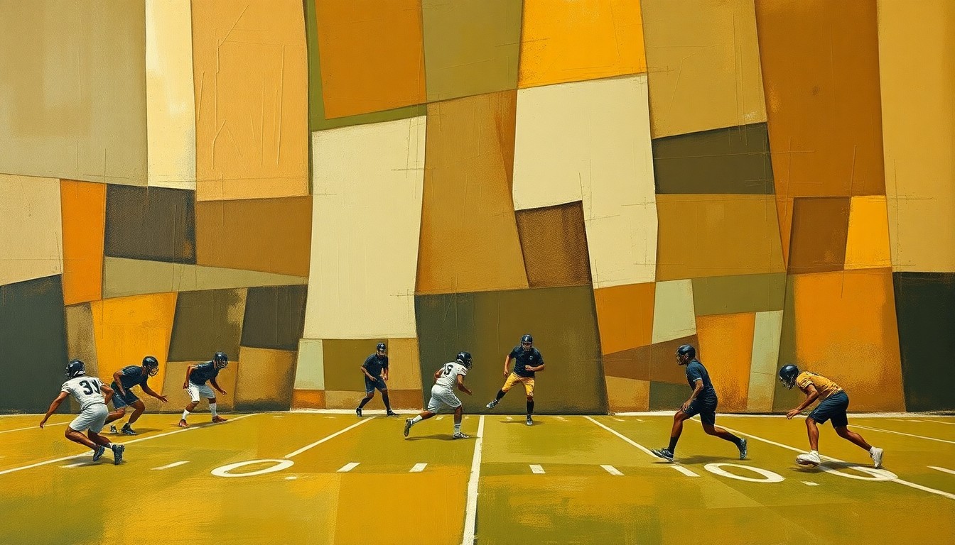 A cubist-style painting featuring fragmented geometric shapes in muted earth tones, representing the chaotic and high-contact nature of a football practice drill.