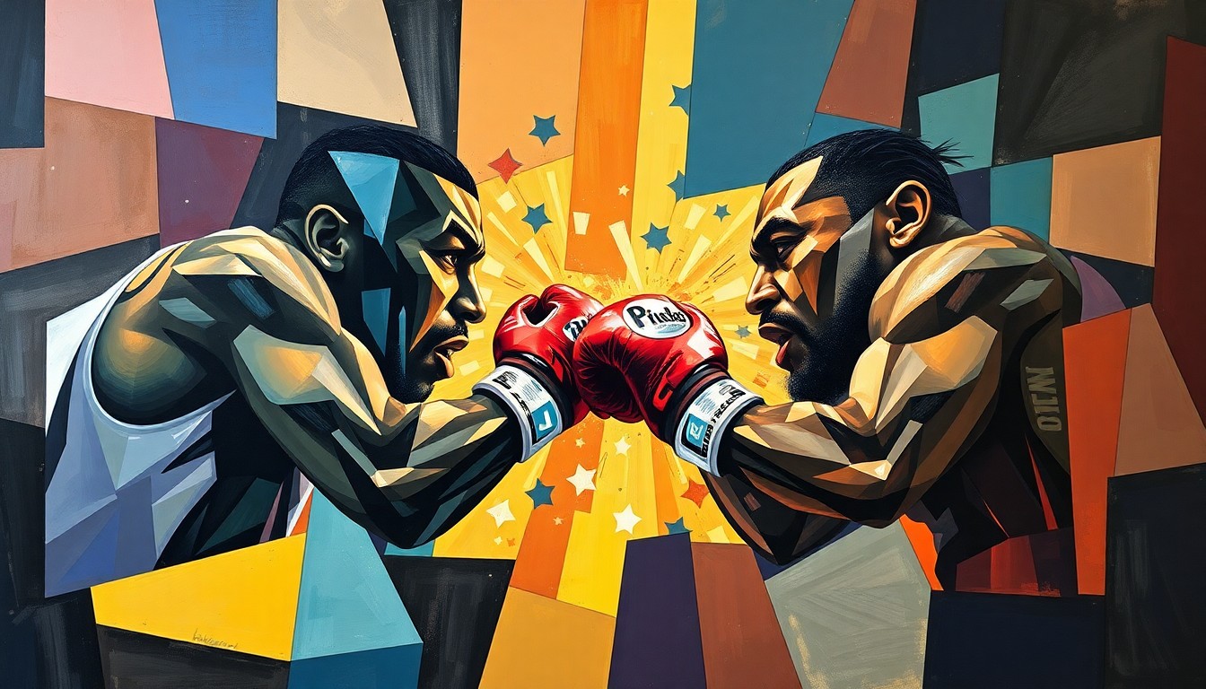 A fragmented, abstract painting depicting a boxing match, with the figures of the fighters broken down into sharp, geometric shapes and planes of color, conveying the intensity and unpredictability of their rivalry.