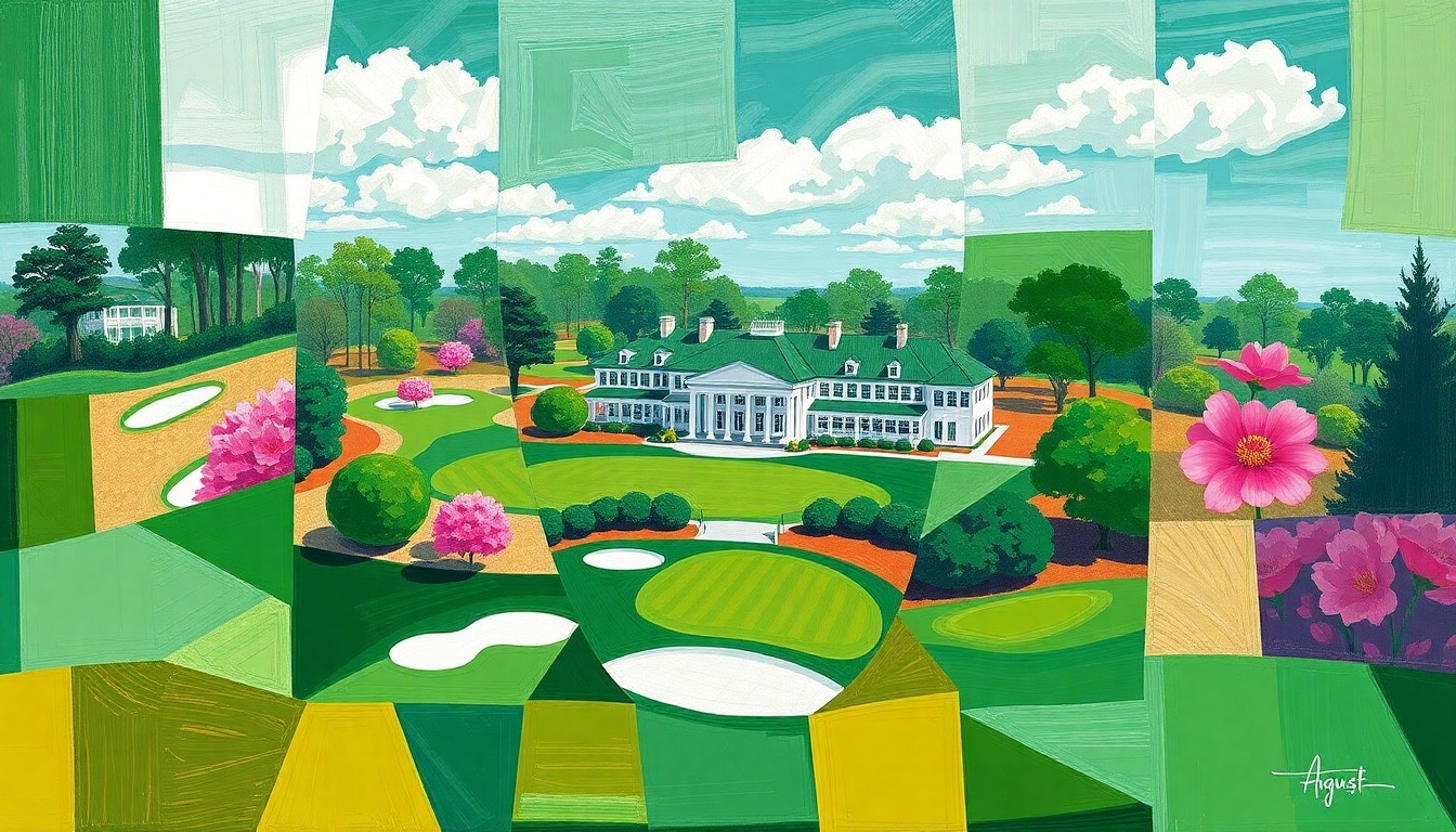 A fragmented, geometric painting in bright greens, whites, and pinks, depicting the iconic Augusta National Golf Club in an abstract, cubist style.