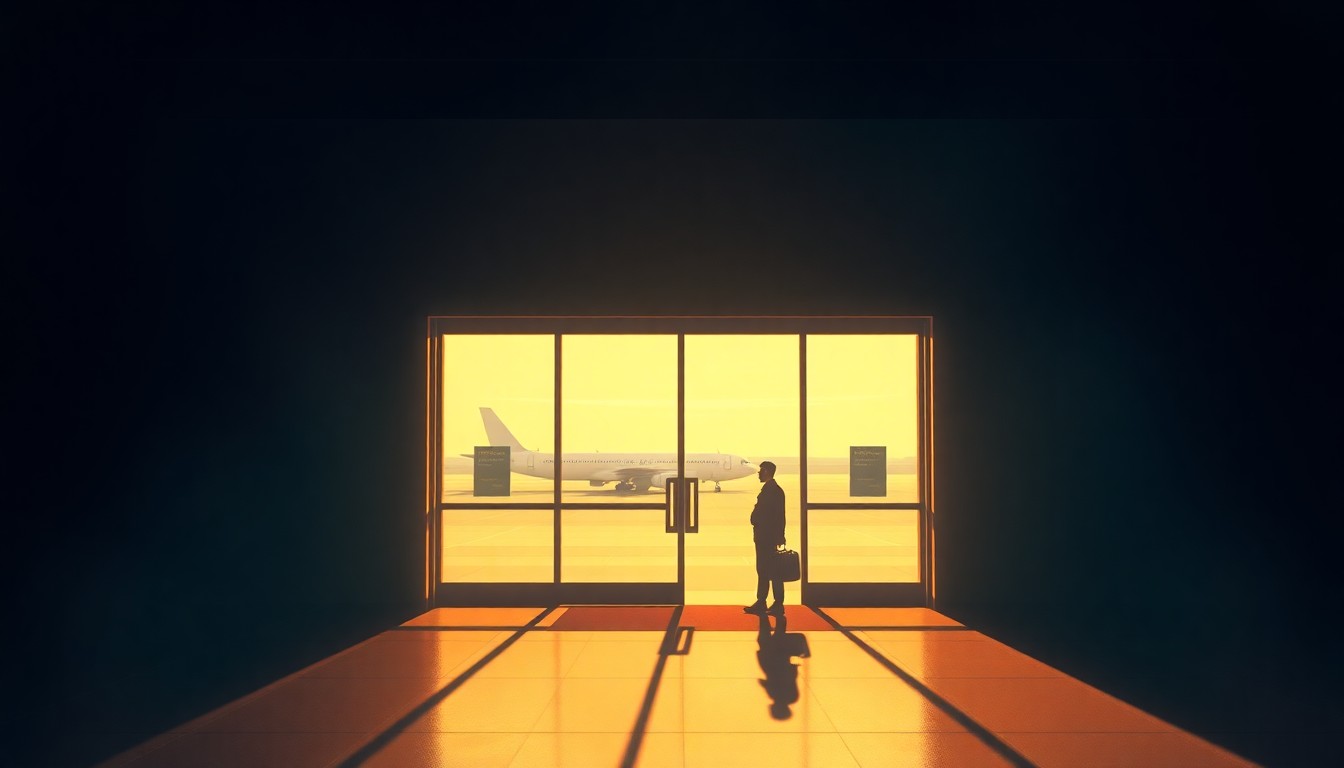 A serene, cinematic painting of an airport terminal entrance with a lone traveler standing outside, conveying the sense of disruption and isolation that could result from the proposed Customs withdrawal from sanctuary cities.
