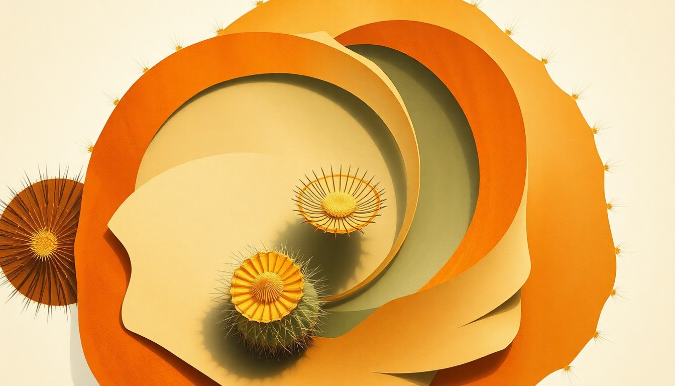 A highly structured abstract painting featuring sweeping geometric arcs, concentric circular forms, and precise botanical spirals in earthy tones, conceptually representing the complex biological structures and growth patterns of the Echinopsis hertrichiana cactus.