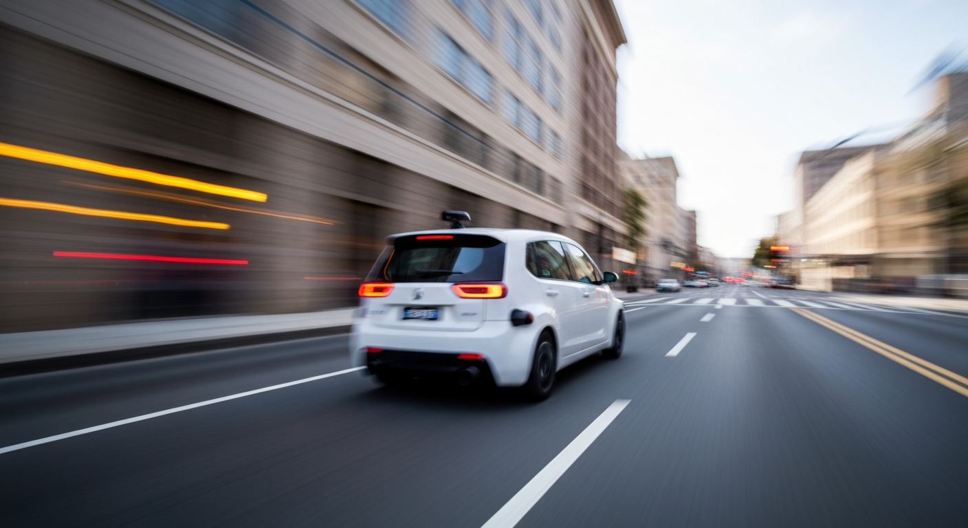 A blurred, abstract photograph of a self-driving car in motion, with only sweeping streaks of color and light visible, conveying a sense of speed and modern technology.