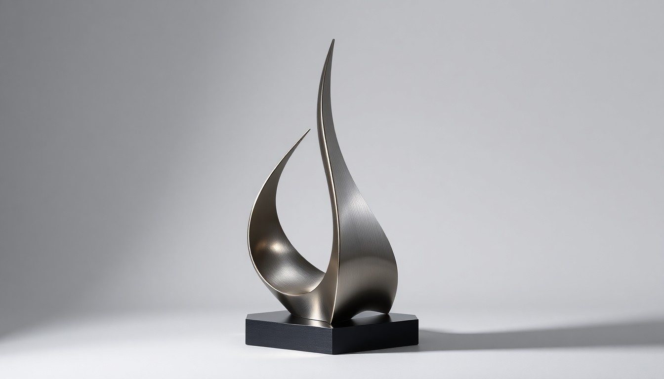 A high-end, photorealistic studio still-life photograph featuring a polished, geometric sculpture made of brushed stainless steel, representing the modern, premium design of the renovated Hyatt Regency Denver hotel.