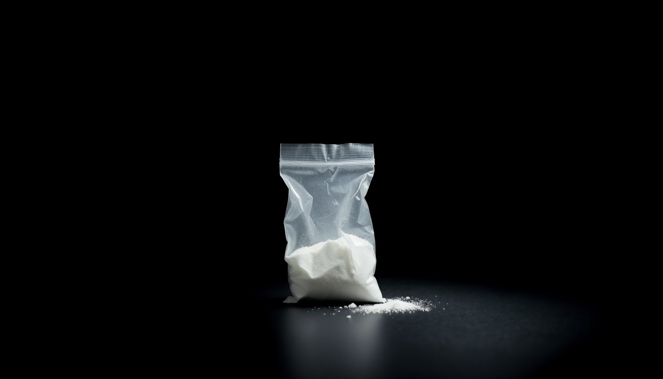 An extreme close-up of a small plastic bag containing a white powdery substance, dramatically lit by a harsh camera flash against a dark background, conceptually representing the drug charges that are keeping this defendant jailed despite the overturning of his murder conviction.
