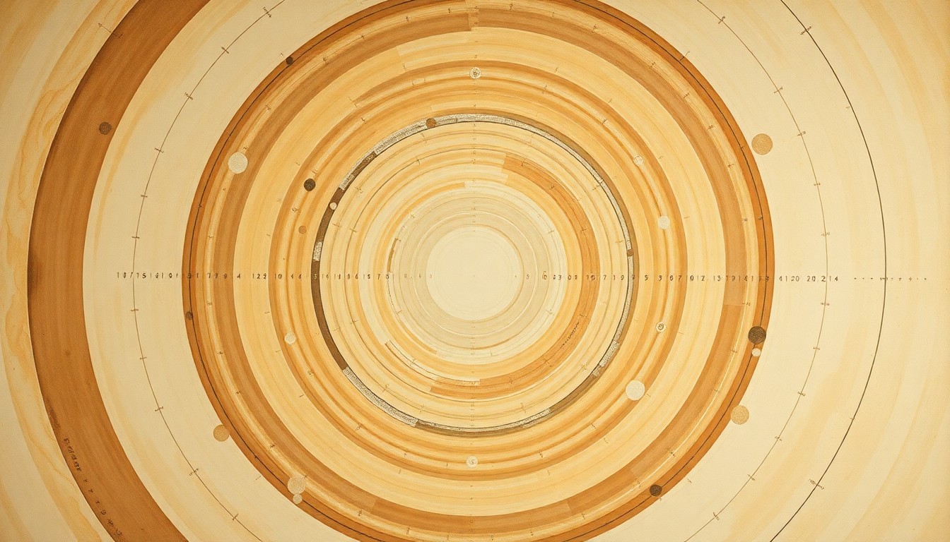 A bold, abstract painting featuring sweeping geometric arcs, concentric circles, and precise spirals in earthy tones, conceptually representing the complex forces and concepts of space exploration.