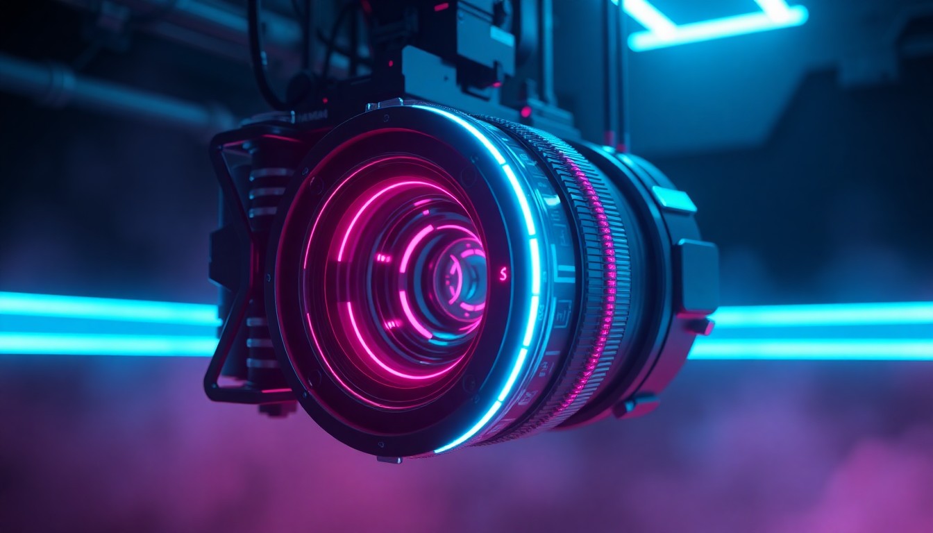 A highly detailed, glowing 3D macro illustration of a futuristic camera lens system, with intricate mechanical components and pulsing neon cyan and magenta lights, conceptually representing the cutting-edge technology empowering modern image makers.