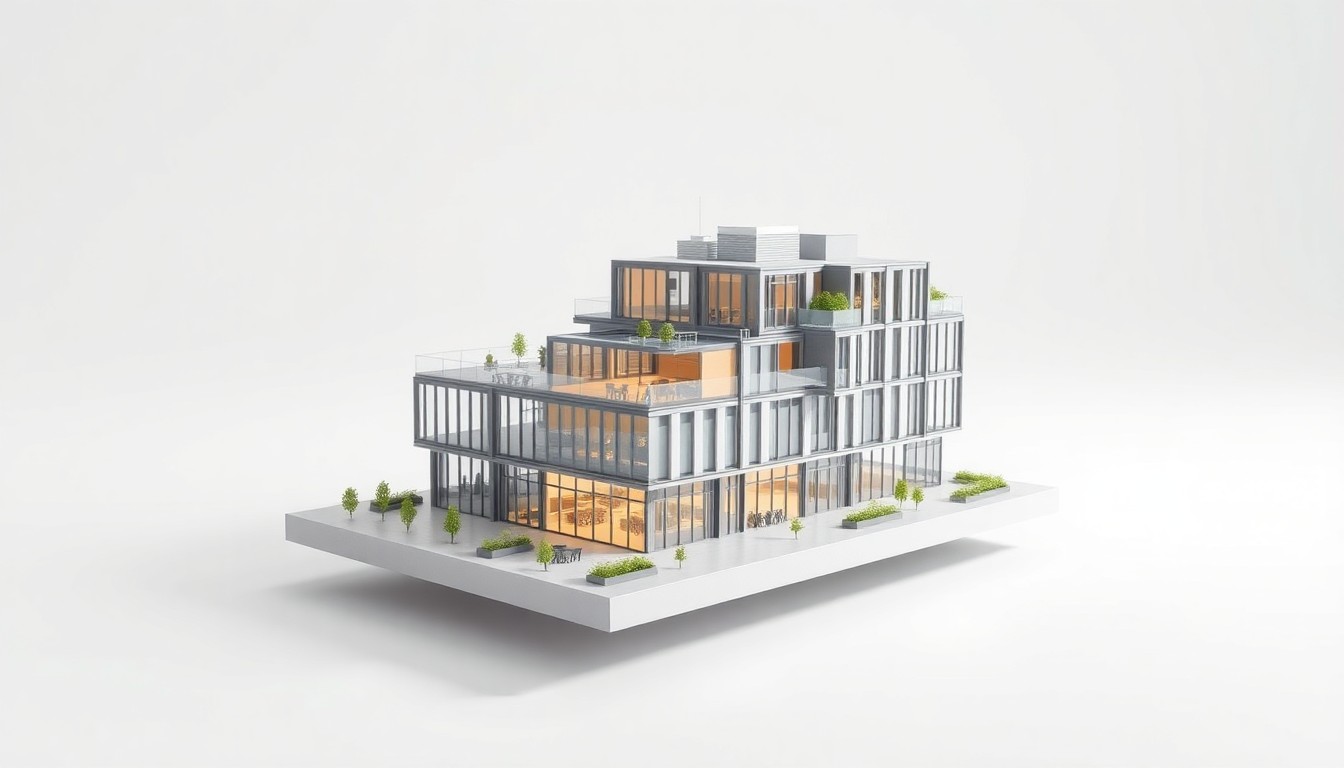 A highly detailed, photorealistic studio photograph of a sleek, modern architectural model made of polished metal and glass, floating on a clean white background. The model represents a sustainable, community-focused building design.