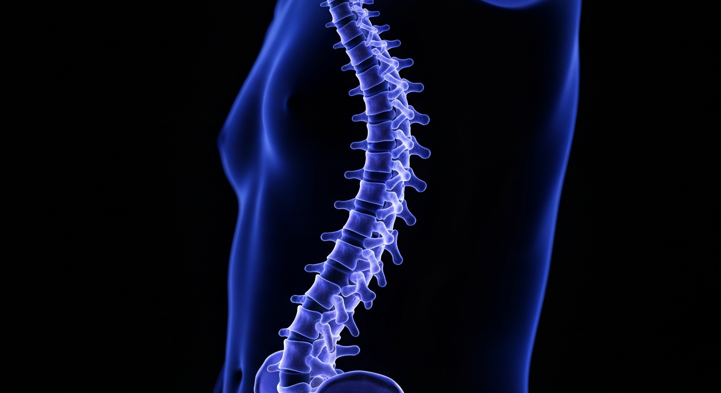 A glowing neon outline of a human spine against a dark background, conceptually representing the clinical focus of Midwest Pain Relief's chiropractic treatments.