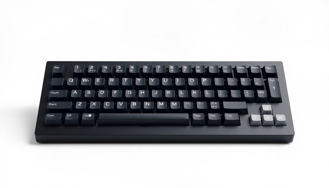 An extreme close-up of a sleek, minimalist mechanical keyboard with a low-profile design, featuring clean lines, matte surfaces, and subtle metallic accents, conceptually representing the advancements in low-profile keyboard technology.