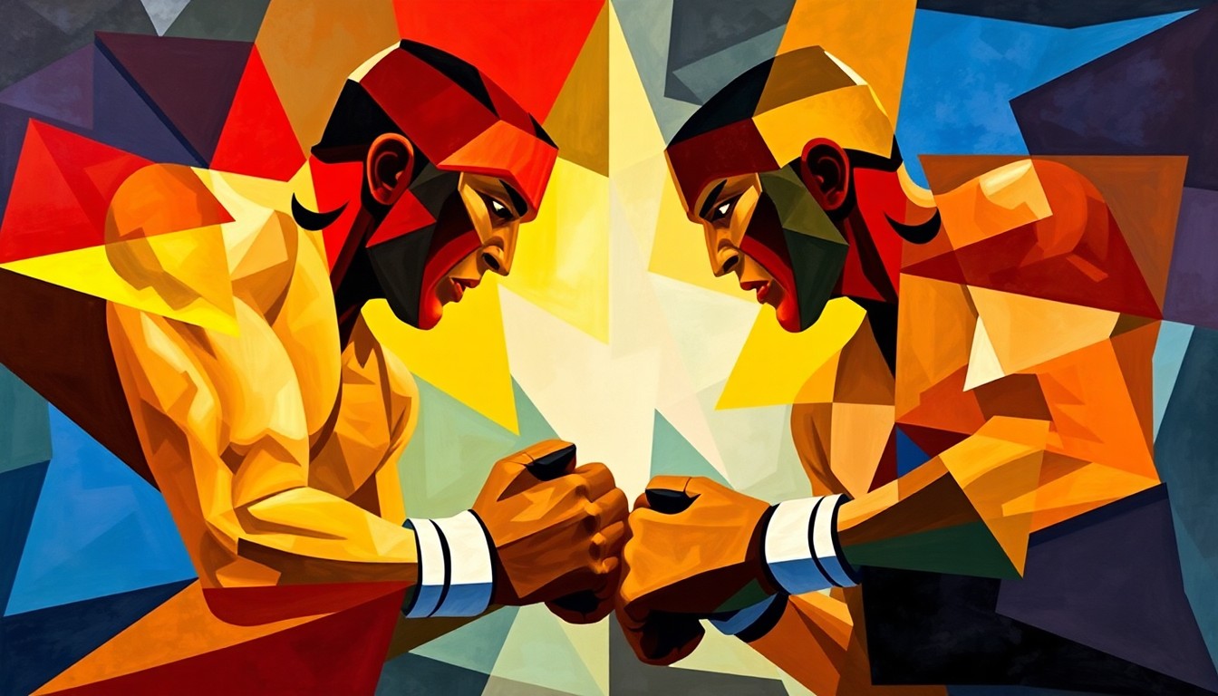 A cubist, geometric painting depicting the chaotic motion and competing perspectives of a boxing match, with sharp planes of color representing the official team colors of the fighters involved.