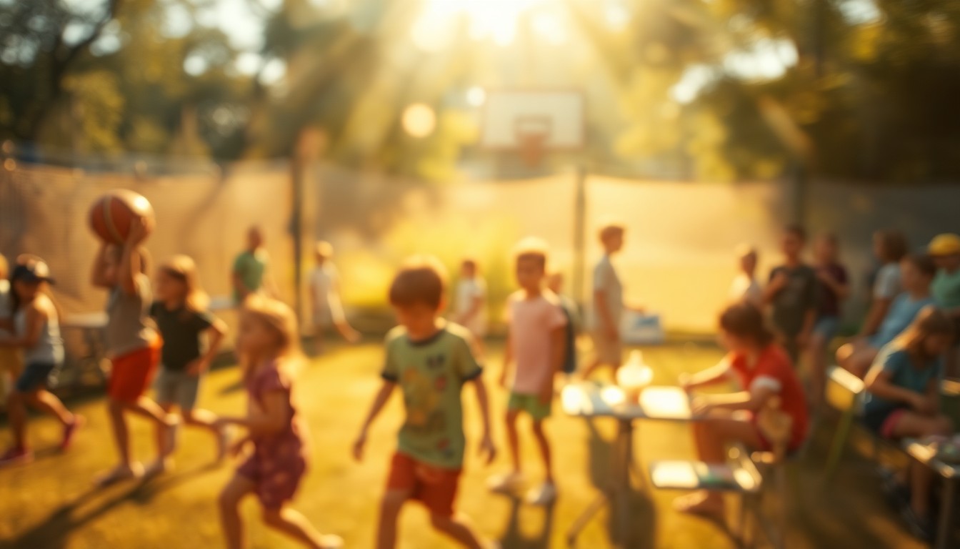 An abstract, impressionistic scene of blurred, overlapping shapes and colors representing children engaged in various summer camp activities like sports and arts and crafts, conveying the unstructured yet organized energy of the Cos Cob Camp program.