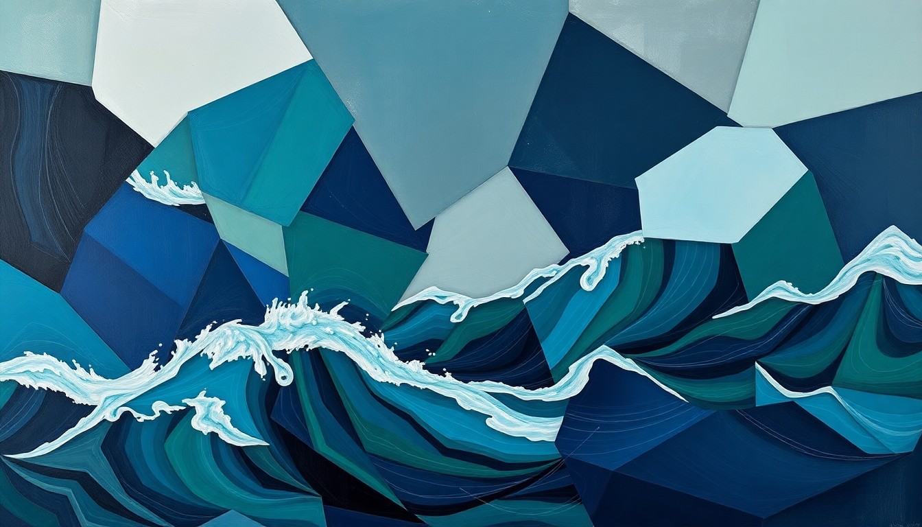 A dynamic, abstract painting with overlapping geometric shapes in shades of blue, green, and grey, representing the turbulent geopolitical tensions surrounding the Strait of Hormuz.
