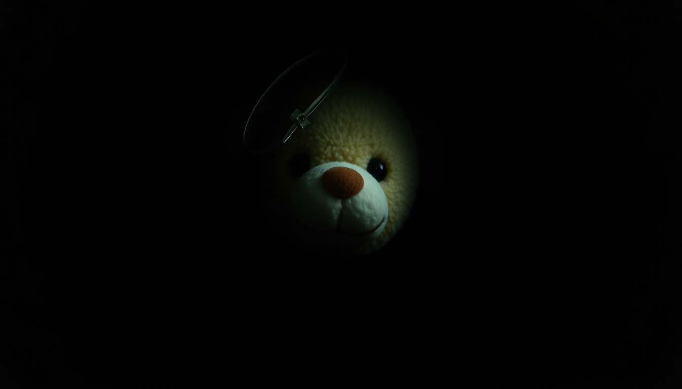 An extreme close-up photograph of a small, worn stuffed animal against a pitch-black background, lit by a harsh camera flash to create a stark, gritty, and investigative aesthetic.