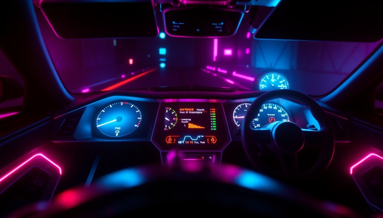 A highly detailed, glowing 3D illustration of a futuristic racing car dashboard with neon cyan and magenta lights, conceptually representing the digital integration of fan likenesses into the world of video games.